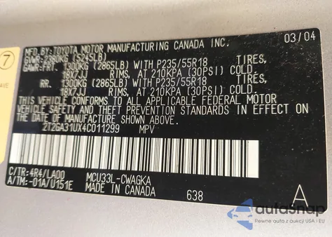 2004 Lexus Rx 330 330 z USA, uszkodzony, nr VIN 2T2GA31UX4C011299